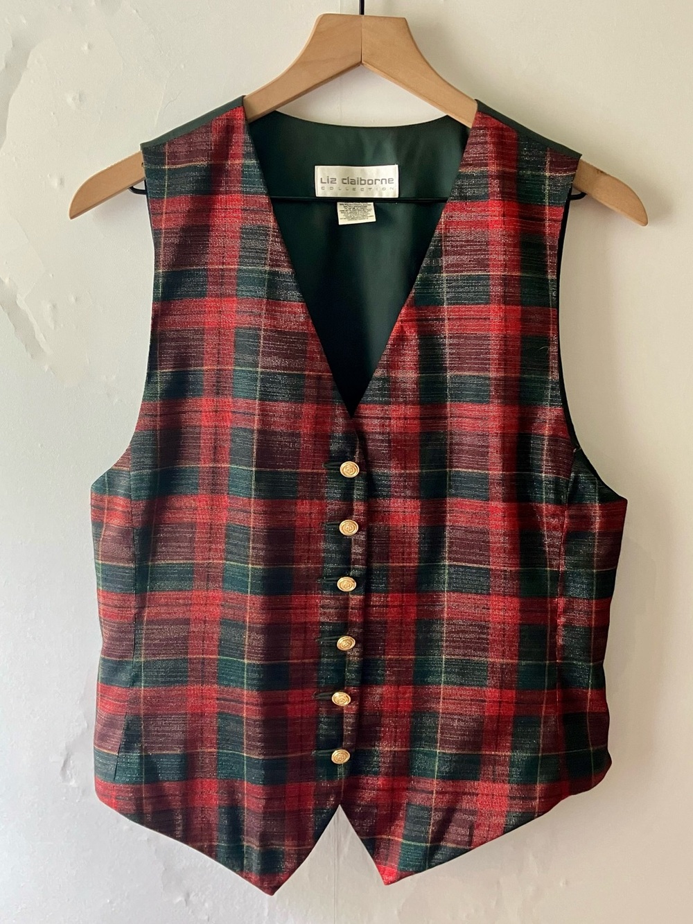 LIZ CLAIBORNE COLLECTION Metallic Red & Green Plaid Vest**